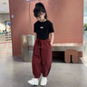 拙拙豬女童洋氣短袖運(yùn)動套裝2025新款夏季兒童秋裝女孩大童時(shí)髦女裝衣服 黑色【黑T恤+酒紅褲】 130 碼適合身高115-125厘米 曬單實(shí)拍圖