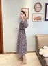 顏域優(yōu)雅印花法式連衣裙女秋2024新款復古通勤中長款長袖系帶裙子 紫花 L/40 曬單實拍圖