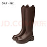 達芙妮（DAPHNE）長筒靴女秋冬長靴加絨冬季新款保暖高筒不過膝皮靴英倫風冬 棕色  跟高5.5cm 36 (230mm) 曬單實拍圖