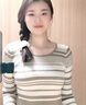 Jret條紋圓領(lǐng)長(cháng)袖針織衫女秋冬款修身短款顯瘦內搭打底針織t恤上衣 駝條色 M [建議95-105斤] 曬單實(shí)拍圖