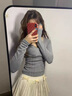 潮流蕾絲v領(lǐng)長袖t恤女春秋季2025新款收腰修身內(nèi)搭磨毛打底衫上衣 灰色 M 曬單實拍圖