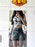 凡小如闊腿牛仔短褲女夏季2025新款高腰顯瘦小個子休閑百搭大碼辣妹熱褲 黃泥色 XL 【建議115-125斤】 曬單實拍圖