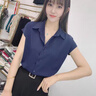 矜持范襯衫女設計感小眾2025夏季新款氣質(zhì)顯瘦雪紡短袖上衣職業(yè)襯衣薄款 藏青色 L 曬單實(shí)拍圖