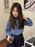 衣然呈品藍色格子襯衫女疊穿內搭復古上衣長(cháng)袖打底襯衣休閑百搭男女款外套 藍色 M 【建議90-110斤】 曬單實(shí)拍圖
