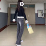 Jret美式復古藍色微喇牛仔褲女學(xué)生秋冬季修身高腰辣妹馬蹄喇叭長(cháng)褲子 黑灰色 1018 S 曬單實(shí)拍圖