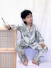 莫代爾新款真絲睡衣男童長(zhǎng)袖套裝春秋薄款夏季兒童家居服夏款帥氣男孩空 419提花寬條 140cm 曬單實(shí)拍圖