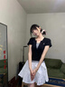衣然呈品黑色v領(lǐng)假兩件短袖t恤女夏季2025新款設計感小眾修身短款打底衫女 黑色 M 【建議95-110斤】 曬單實(shí)拍圖