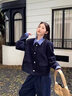 DGOV韓系假兩件拼接翻領(lǐng)小香風(fēng)外套女秋季新款寬松休閑短款夾克上衣女 藏藍色zt S 【95斤以內(nèi)】 曬單實拍圖
