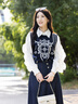 音兒（YINER）Goodland美地女裝時尚木耳邊POLO領(lǐng)春日假兩件針織衫套頭 深藍(lán) M 曬單實拍圖