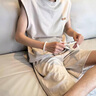POUM無(wú)袖背心套裝男夏季新款寬松大碼短袖短褲潮牌休閑運(yùn)動(dòng)學(xué)生兩件套 NJN-DHK022杏色(麂皮絨） XL【DHK022這款尺碼偏小，建議拍大一碼】 曬單實(shí)拍圖