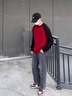 森馬（Semir）毛衣男2025春季絨感繡花針織衫內(nèi)搭寬松撞色插肩袖套頭毛衫潮 紅黑色調(diào)00369 M 曬單實(shí)拍圖