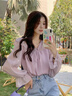 乖甜星韓系溫柔荷葉邊系帶襯衫女早秋夏法式別致甜美設計小眾雪紡衫上衣 粉紫色 S 曬單實(shí)拍圖