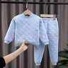 兒童三層保暖套裝男童女童夾棉內(nèi)衣褲加厚加棉童裝家居服睡衣 條紋天藍 100#建議身高90-100cm 曬單實拍圖