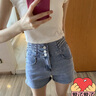FOX.G牛仔短褲女高腰外穿夏季運(yùn)動打底熱褲顯腿長辣妹緊身女裝褲子新款 高腰單排扣牛仔褲藍(lán)色 L 【建議110-120斤】 曬單實(shí)拍圖