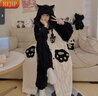 REJIP睡衣女珊瑚絨冬季加絨加厚可愛(ài)卡通睡袍長(cháng)款秋天法蘭絨保暖家居服 黑貓爪【睡袍+褲子】 均碼 大碼(120-155斤)可穿 曬單實(shí)拍圖