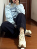 KISSCAT沈月熱巴同款接吻貓25年春摩卡厚底德訓鞋內增高休閑小白鞋 奶油白 37 曬單實(shí)拍圖