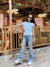 優(yōu)優(yōu)1點（Yoyo one）女童褲子春秋新款大童女孩微喇褲春季兒童春裝牛仔喇叭褲 13131藍色【不加絨】 140 140cm 曬單實拍圖