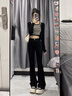 FSHE黑色加絨加厚微喇牛仔褲女高腰彈力修身顯瘦馬蹄褲拖地褲 黑色[不加絨]長褲 155-168 L [建議106-115斤] 曬單實拍圖