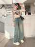 CZDZ女童褲子春秋牛仔褲兒童褲子女中大童韓版闊腿褲漸變刺繡休閑褲 漸變黑 150 碼適合身高1米4左右 曬單實(shí)拍圖