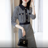 德瑪納（dme）【摩登千鳥(niǎo)格一步裙】秋季通勤OL翻領(lǐng)拼接長(cháng)袖連衣裙女 黑色 S 曬單實(shí)拍圖