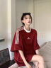 索菲堡 純棉復(fù)古撞色杠條重磅短袖T恤女夏情侶oversize圓領(lǐng)運(yùn)動(dòng)半袖 紅色 M 曬單實(shí)拍圖