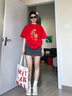 一寸相思紅色純棉t恤女半袖2025蛇年本命年衣服新年爆款中國紅時(shí)尚女裝ins 新年紅-中國飛蛇 S(75-85斤) 曬單實(shí)拍圖