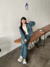 佰藍嬌新中式牛仔套裝女2025春季新款休閑連帽衛衣短外套闊腿褲子三件套 藍色 M （建議85-110斤） 曬單實(shí)拍圖