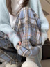 棉致毛呢格子褲子女春秋季新款寬松闊腿高腰運動(dòng)休閑衛褲 687藍色【加絨高品質(zhì)】 XL 120-135斤 曬單實(shí)拍圖