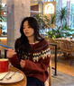 乖甜星費爾島圣誕節 復古撞色節日氛圍牛角扣毛衣針織衫女 紅色 均碼 曬單實(shí)拍圖