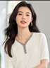 她享短袖t恤女V領(lǐng)小香風(fēng)設(shè)計(jì)減齡上衣小衫百搭短袖打底衫女 T143T1435 曬單實(shí)拍圖