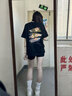 一寸相思聯(lián)名黑色正肩短袖純棉t恤女2025夏季新款寬松顯瘦時(shí)尚中長(cháng)款半袖 黑色-桃花朵朵 S (85-100斤) 曬單實(shí)拍圖
