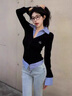 假兩件polo領(lǐng)長袖t恤女2025新款春秋季設(shè)計(jì)感修身內(nèi)搭打底衫上衣 黑色 M 曬單實(shí)拍圖