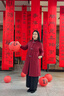 指間沙W2441291女裝24冬立領(lǐng)大盤(pán)扣裥棉長(cháng)外套A版亞麻中式棉服 朱草78 M 曬單實(shí)拍圖