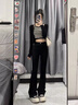 FSHE黑色加絨加厚微喇牛仔褲女高腰彈力修身顯瘦馬蹄褲拖地褲 黑色[不加絨]長褲 155-168 L [建議106-115斤] 曬單實拍圖