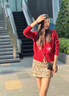 她芙（tafu）品牌女裝小個子時尚套裝女2025春秋新款韓版氣質毛衣短裙兩件套 珍珠紅毛衣+亮片金裙【兩件套】 M 曬單實拍圖