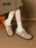 ZHR勃肯鞋女冬季加絨真牛皮棉鞋女羊羔毛豆豆鞋女 AB55B 卡其色 35  曬單實(shí)拍圖