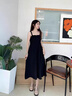 DAVEY MODE2025新款無(wú)袖吊帶連衣裙女中長(cháng)款夏季抹胸顯瘦碎花小清新小香風(fēng) 純黑色 M :80-95斤 曬單實(shí)拍圖