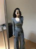 FSAT磨毛純欲蕾絲拼接v領(lǐng)長(cháng)袖t恤女春夏修身顯瘦設計感保暖內搭打底衫 灰色 S 曬單實(shí)拍圖