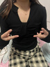 妙奕嘉黑色長袖t恤女春秋季新款內搭v領打底衫女士打底衣洋氣款可外穿 百搭黑扭結設計修身打底衫 L 【建議100-118斤】 曬單實拍圖