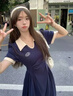 DXOT大碼polo領(lǐng)連衣裙女春夏新款微胖妹妹減齡收腰A字顯瘦學(xué)院風(fēng)長裙 藏藍(lán)拼杏（長款） M 建議85-100斤 曬單實(shí)拍圖