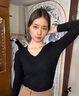 京功雞心領(lǐng)針織衫低領(lǐng)內搭毛衣女士打底衫秋冬洋氣時(shí)髦修身短款v領(lǐng) 黑色 均碼 高彈力 70-125斤 曬單實(shí)拍圖
