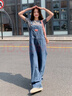 衣典零一（LEDIALYI）牛仔背帶褲女2024夏季女裝新款小個子學(xué)院減齡寬松闊腿褲連體長褲 牛仔藍 L（建議125-135斤） 曬單實拍圖