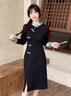 艾柔丹連衣裙女春秋季新款女裝時尚氣質(zhì)修身顯瘦新中式改良旗袍黑色裙子 黑色 S 曬單實拍圖