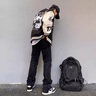 Homlean美式毛邊破洞牛仔褲男秋季寬松直筒痞帥微喇褲子ZW536黑色XL 曬單實(shí)拍圖