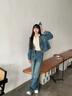 佰藍嬌新中式牛仔套裝女2025春季新款休閑連帽衛衣短外套闊腿褲子三件套 藍色 M （建議85-110斤） 曬單實(shí)拍圖