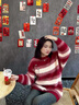 吉閑毛衣女2024秋冬新款法式氛圍感甜美穿搭紅色條紋慵懶風(fēng)加厚針織衫 紅色 均碼 曬單實(shí)拍圖