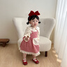 幼歌（YOUGE）春季新中小童卡通刺繡蝴蝶結襯衫背帶裙田園兩件套 紅白格（連衣裙） 90 cm 曬單實(shí)拍圖