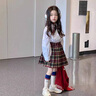 迪士尼（Disney）女大童jk套裝春款2025新款小女孩長(zhǎng)袖開(kāi)衫毛衣學(xué)院風(fēng)百褶裙三件套 紅色套裝(襯衫+裙子) 110 CM 建議身高100-110cm4-5歲 曬單實(shí)拍圖