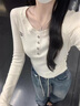 LDBEV領(lǐng)長(zhǎng)袖t恤女2025新款春季內(nèi)搭打底衫設(shè)計(jì)感甜辣風(fēng)短款打底上衣潮 杏色 M 曬單實(shí)拍圖