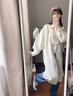 春乏中長款牛角扣雙面絨毛呢外套女小個子過膝泡泡袖娃娃領呢子大衣女 米白色 XS 建議105斤以下 曬單實拍圖